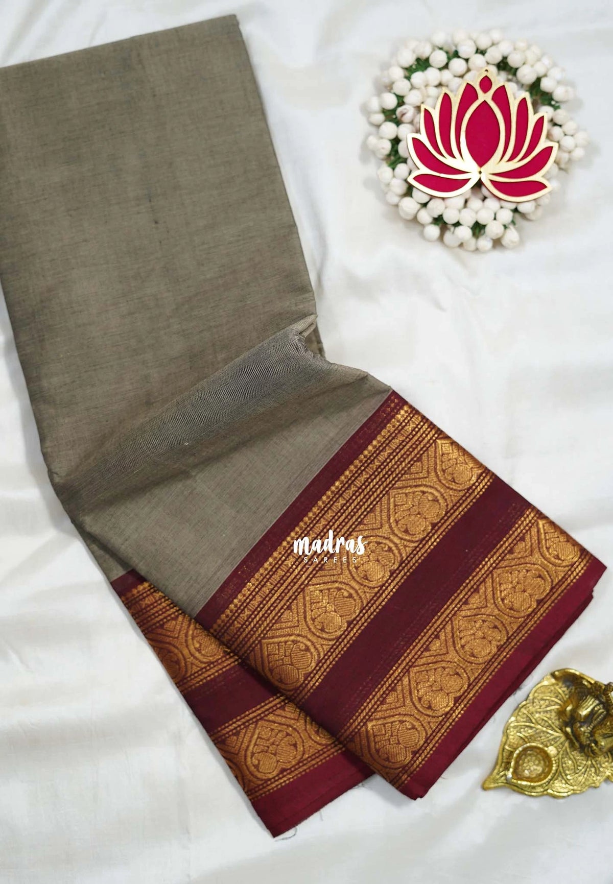 Pebble Grey - Karthigai silk cotton plain rettapet heart border - Best for Festive Wear | Temple Visit