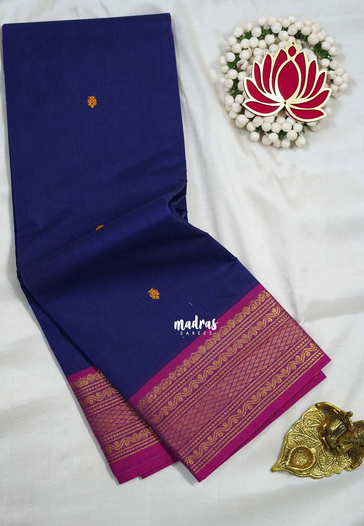 Navy Blue - Karthigai Mercerised cotton small neli Border with Buttas - Best for Gifting