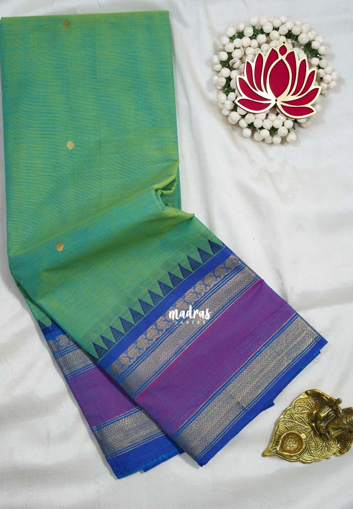 Dual Shade Teal Green - Karthigai Mercerised cotton rettapeta border mango and temple - Best for Temple Visit