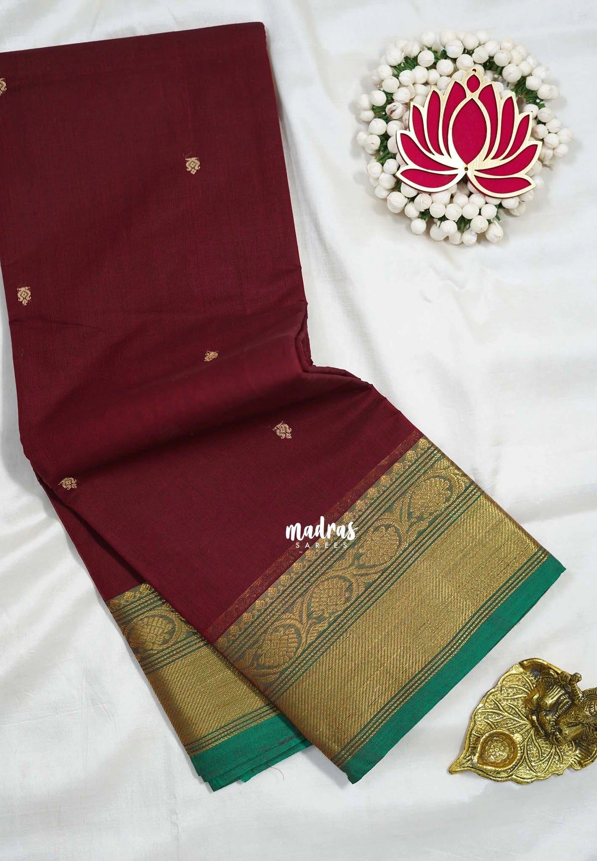 Kumkum Maroon - Karthigai silk cotton bavanji floral border with buttas - Best for Festive Wear | Temple Visit