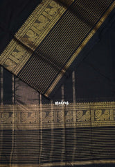 Jet Black - Karthigai silk cotton Plain Body Multi Lines with Annam Border - Best for Wedding Functions
