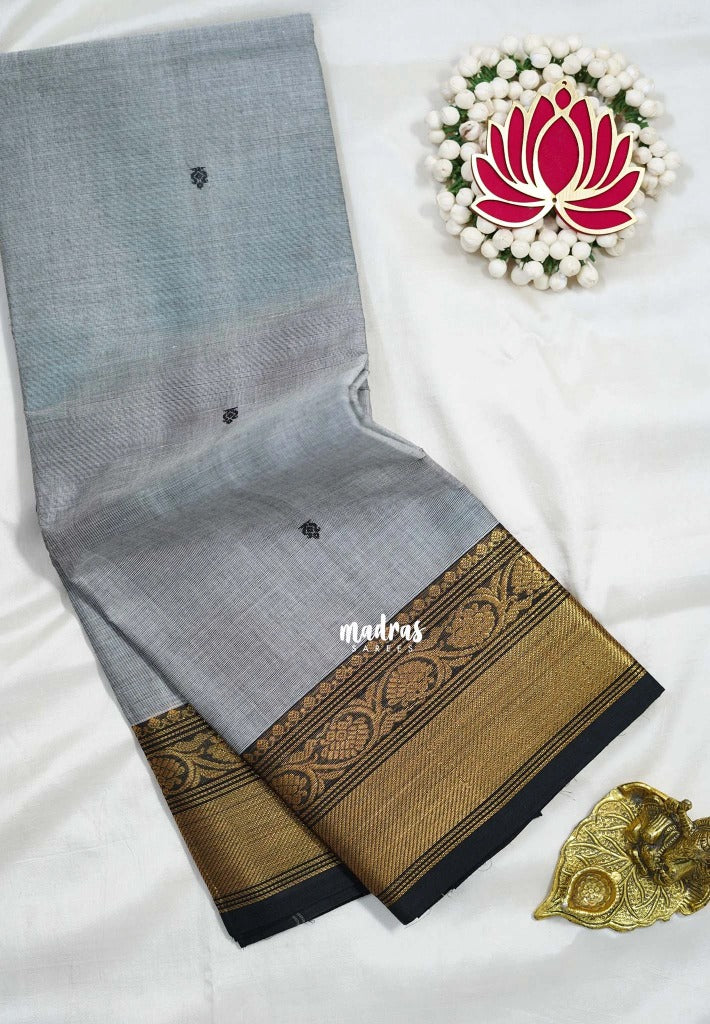 Pastel Grey - Karthigai silk cotton bavanji floral border with buttas - Best for Festive Wear | Temple Visit