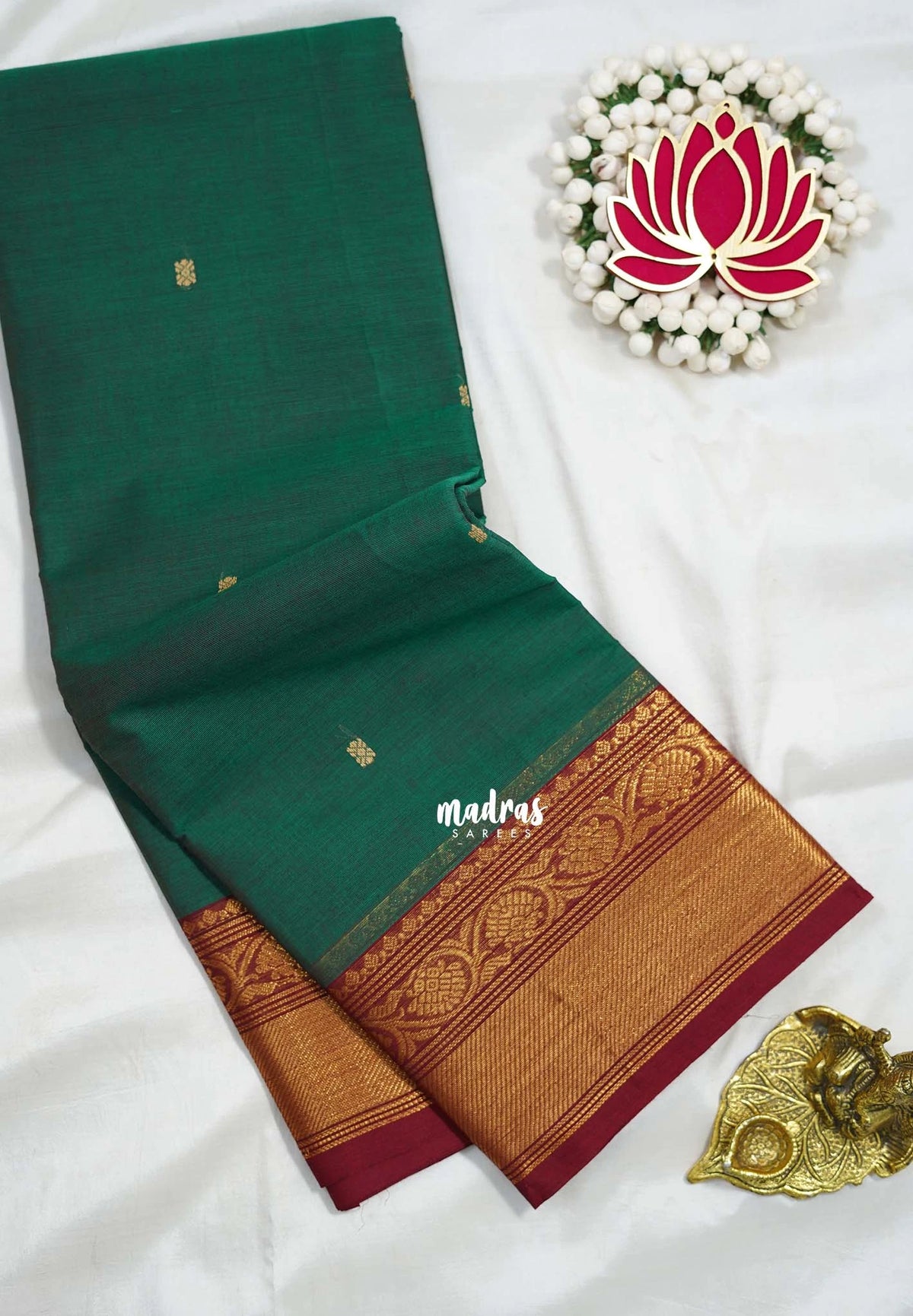 Dual Shade Green - Karthigai silk cotton bavanji floral border with buttas - Best for Festive Wear | Temple Visit