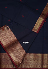 Midnight Blue - Karthigai silk cotton Rudraksham neli big Border with Buttas - Best for Wedding Functions