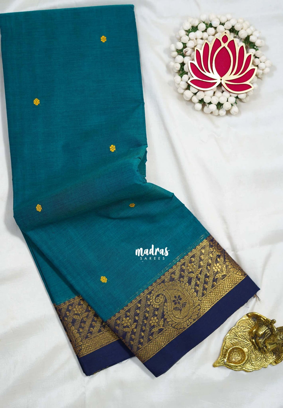 Teal Green - Karthigai Silk Cotton Mango Border with Buttas - Best for Festive Wear | Temple Visit