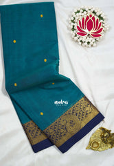 Teal Green - Karthigai Silk Cotton Mango Border with Buttas - Best for Festive Wear | Temple Visit