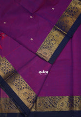 Magenta Purple - Karthigai Silk Cotton Mango Border with Buttas - Best for Festive Wear | Temple Visit