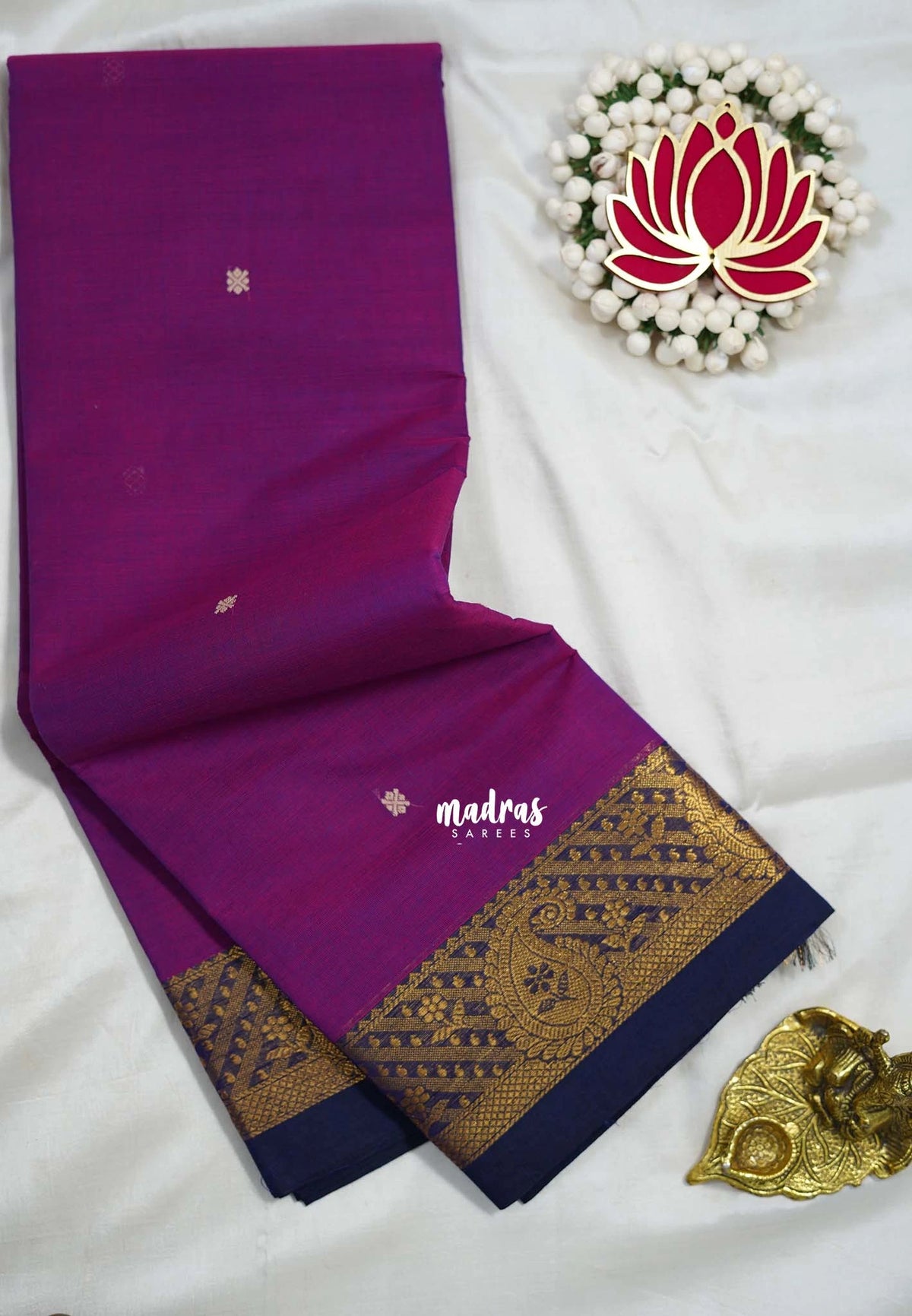 Magenta Purple - Karthigai Silk Cotton Mango Border with Buttas - Best for Festive Wear | Temple Visit