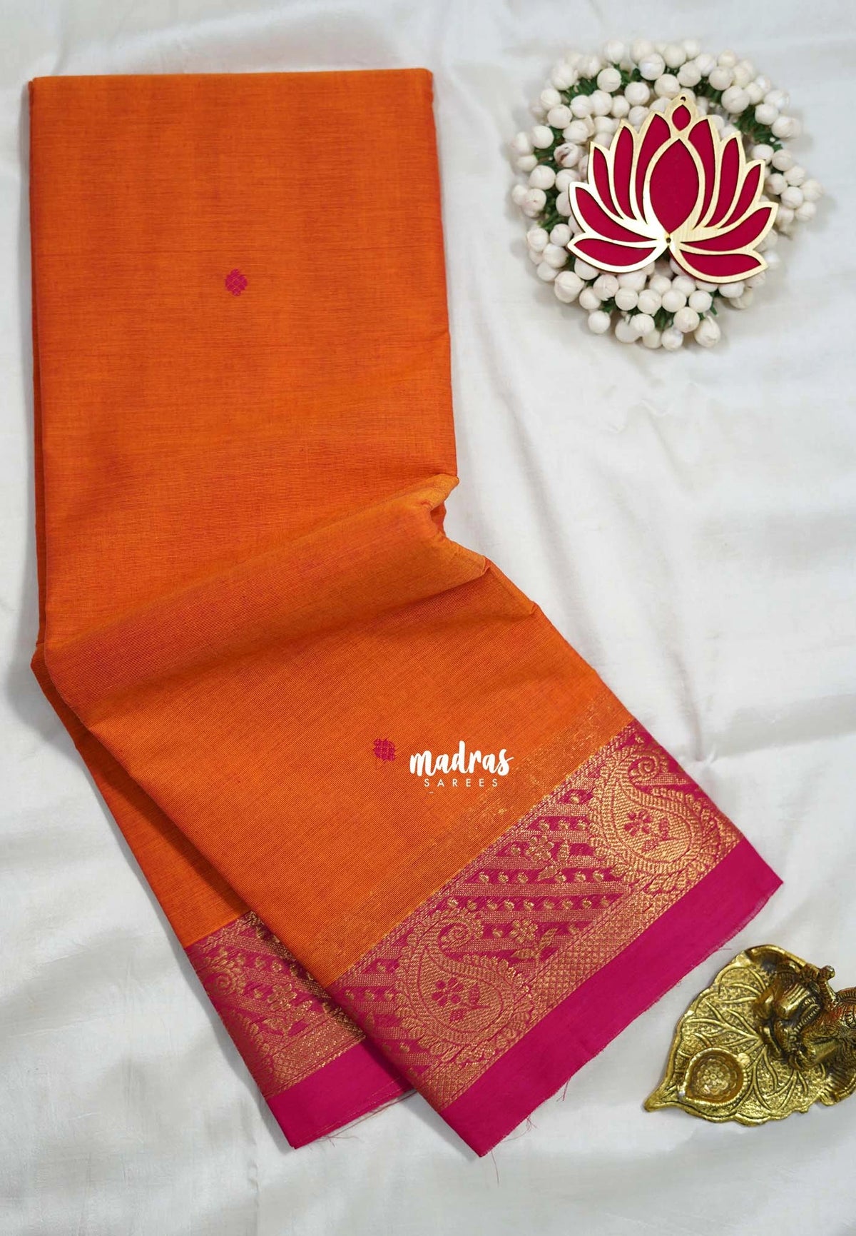 Dual Shade Orange - Karthigai Silk Cotton Mango Border with Buttas - Best for Festive Wear | Temple Visit