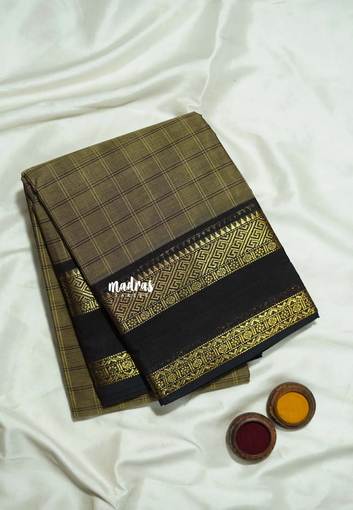 Pastel Beige Brown - Karthigai silk cotton Big Muthu Kattam Checks with Rettapeta Border - Best for Festive Wear | Temple Visit