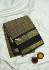 Pastel Beige Brown - Karthigai silk cotton Big Muthu Kattam Checks with Rettapeta Border - Best for Festive Wear | Temple Visit