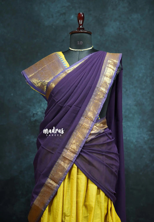 Yellow with Violet Purple - Karthigai Silk Cotton Pavadai Thavani / Half saree Set - Unstitched