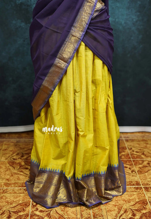 Yellow with Violet Purple - Karthigai Silk Cotton Pavadai Thavani / Half saree Set - Unstitched