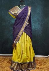 Yellow with Violet Purple - Karthigai Silk Cotton Pavadai Thavani / Half saree Set - Unstitched