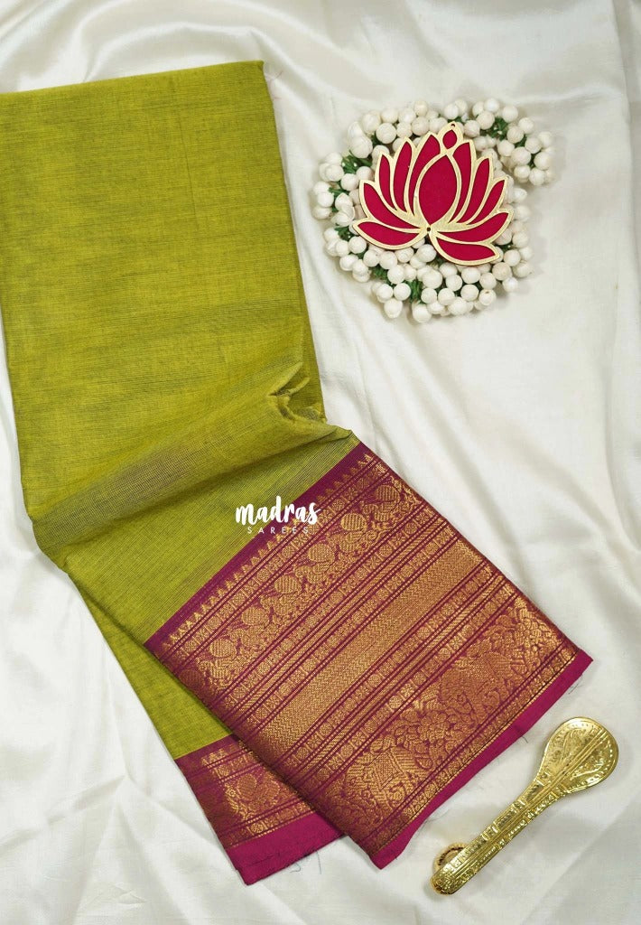 Sap Green - Karthigai silk cotton Plain Saree with Annam, Rudraksham and Yaanai Border - Best for Small Functions