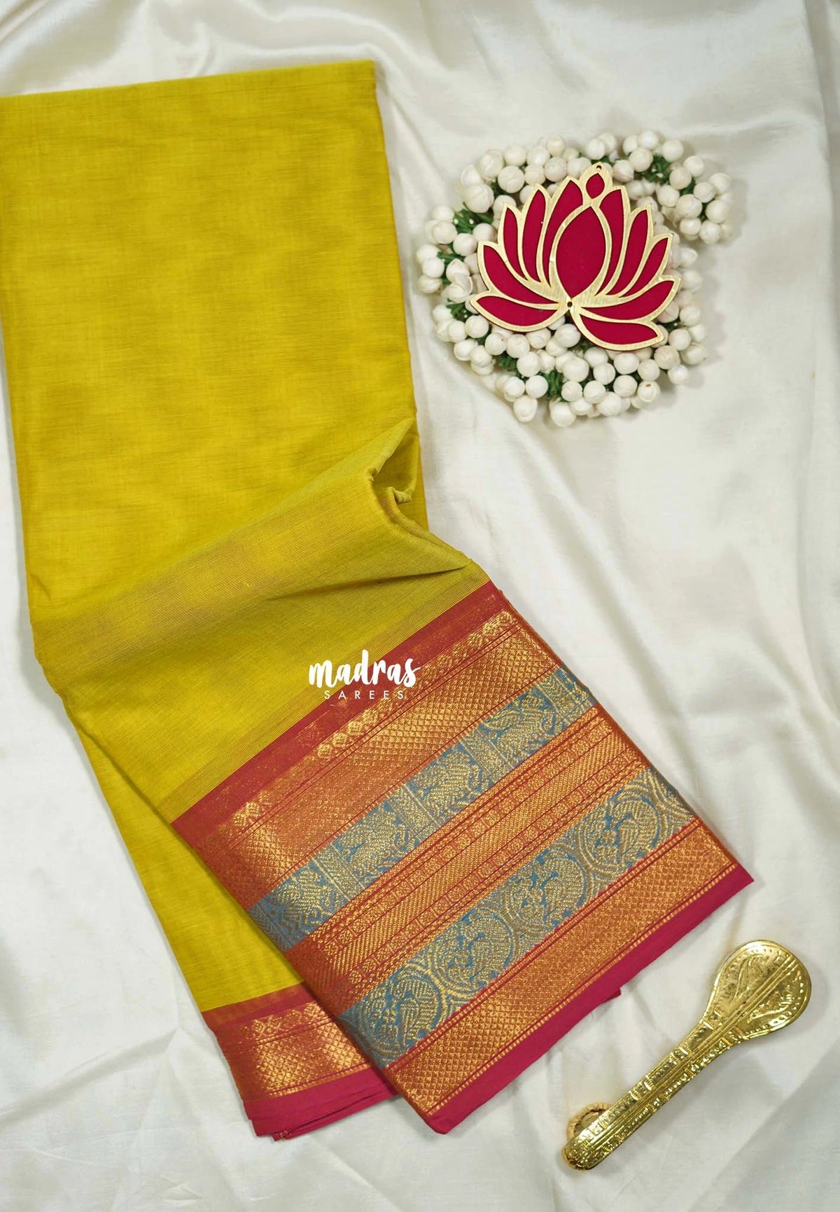 Greenish Yellow - Karthigai silk cotton plain body traditional big border - Best for Festive Wear