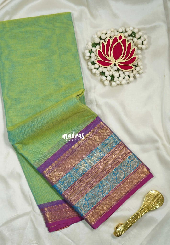 Dual Shade Mint Green - Karthigai silk cotton plain body traditional big border - Best for Festive Wear
