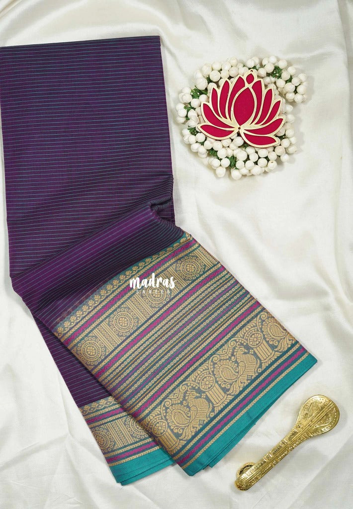 Royal Purple - Karthigai Silk Cotton Chettinad Lines Thread Weaving Multi Border - Best for Wedding Functions
