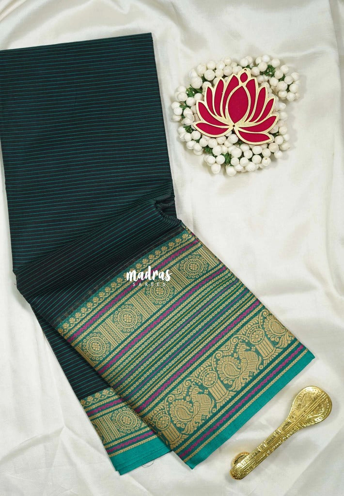 Jet Black - Karthigai Silk Cotton Chettinad Lines Thread Weaving Multi Border - Best for Wedding Functions