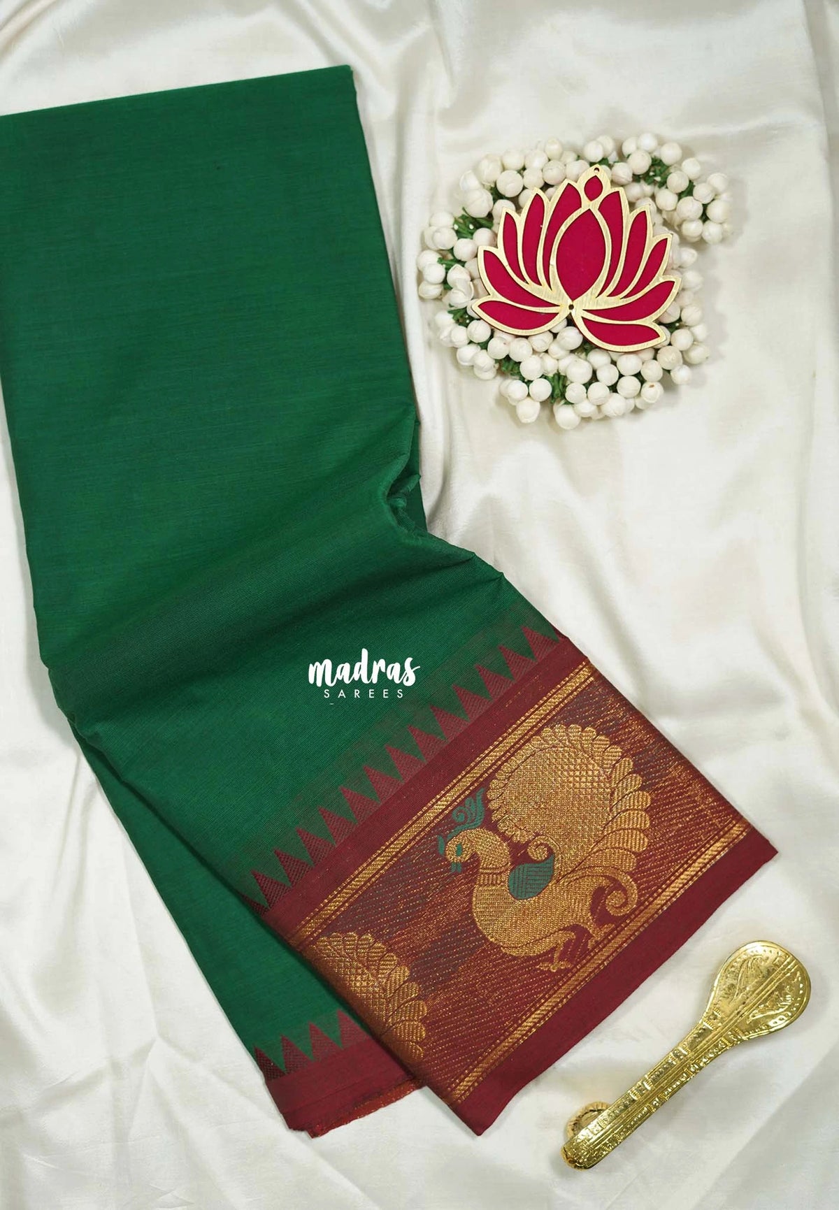 Dark Green - Karthigai Silk Cotton Plain Body with Peacock Border - Best for Temple Visit