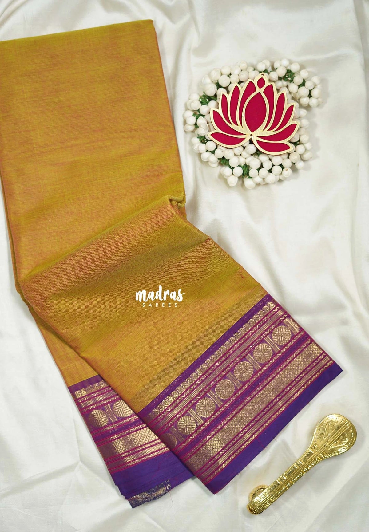 Dual Shade Mustard Glow - Karthigai silk cotton Plain Saree with Rudraksham Border - Best for Small Functions