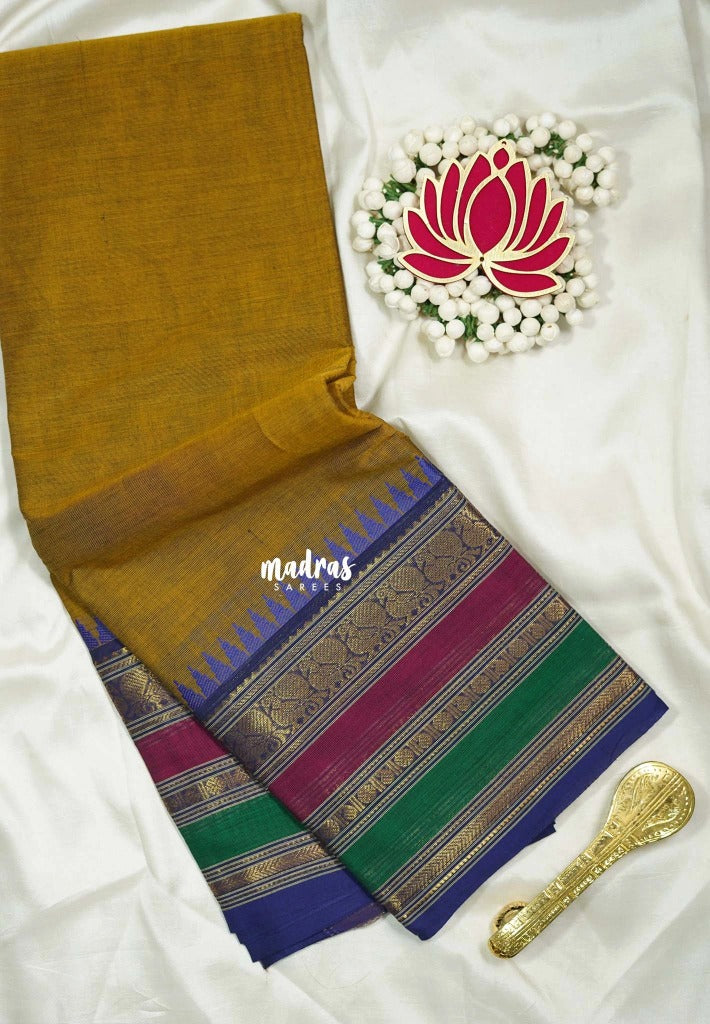 Honey Mustard - Karthigai silk cotton plain body multiborder with annam - Best for Small Functions