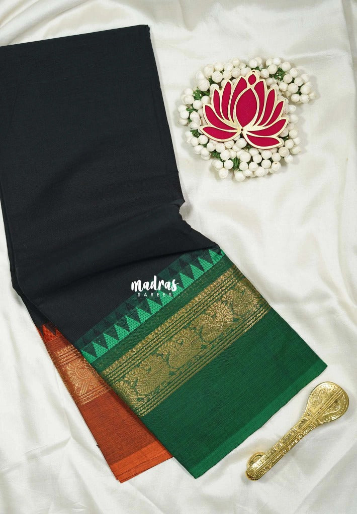 Nightfall Black - Karthigai silk cotton plain body mayil border Ganga jamuna - Best for Small Functions