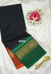 Nightfall Black - Karthigai silk cotton plain body mayil border Ganga jamuna - Best for Small Functions