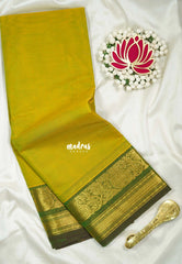 Yellowish Green - Karthigai Silk Cotton Plain with Mango, Flower and Rudraksham Border - Best for Wedding Functions