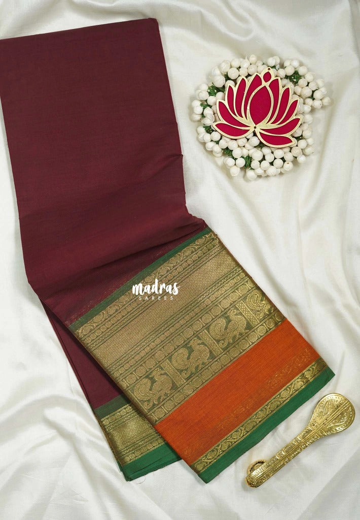 Majestic Maroon - Karthigai Silk Cotton Plain Body with Peacock and Skirt Border - Best for Small Functions