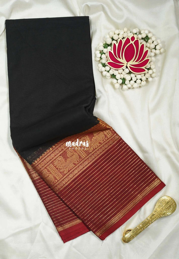 Ebony Black - Karthigai silk cotton Plain Body Multi Lines with Annam Border - Best for Wedding Functions