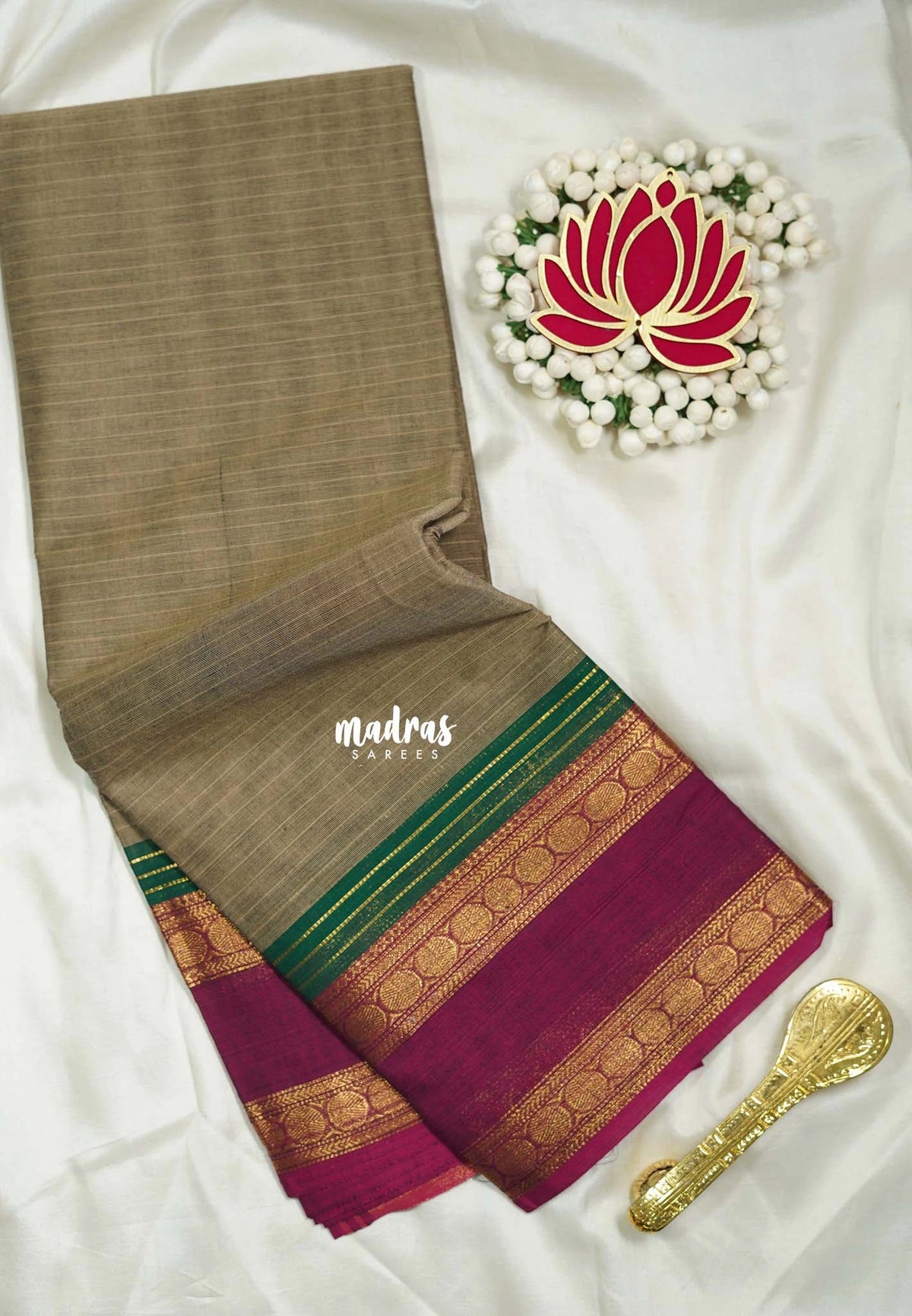 Taupe Grey - Karthigai Silk Cotton Chettinad Lines Rettapet Rudraksham Border - Best for Wedding Functions