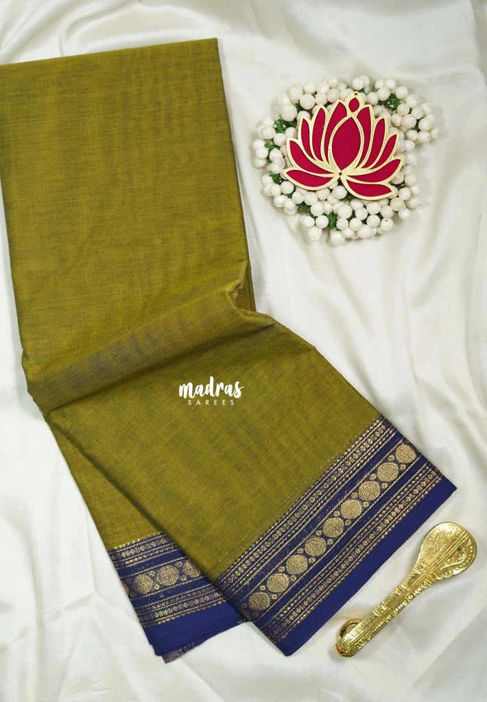 Olive Mehandi Green - Karthigai silk cotton Plain Saree with Rudraksham Border - Best for Small Functions
