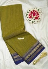 Olive Mehandi Green - Karthigai silk cotton Plain Saree with Rudraksham Border - Best for Small Functions
