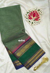 Greenish Grey - Karthigai silk cotton with buttas annam small temple border - Best for Wedding Functions