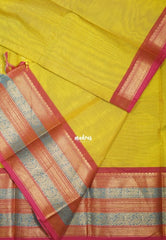 Greenish Yellow - Karthigai silk cotton plain body traditional big border - Best for Festive Wear