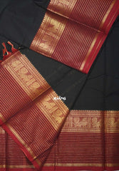 Ebony Black - Karthigai silk cotton Plain Body Multi Lines with Annam Border - Best for Wedding Functions
