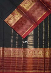 Ebony Black - Karthigai silk cotton Plain Body Multi Lines with Annam Border - Best for Wedding Functions