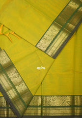 Yellowish Green - Karthigai Silk Cotton Plain with Mango, Flower and Rudraksham Border - Best for Wedding Functions