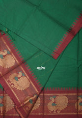 Dark Green - Karthigai Silk Cotton Plain Body with Peacock Border - Best for Temple Visit