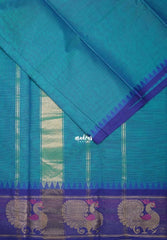 Dark Sky Blue - Karthigai Silk Cotton Plain Body with Peacock Border - Best for Temple Visit