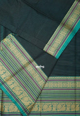 Jet Black - Karthigai Silk Cotton Chettinad Lines Thread Weaving Multi Border - Best for Wedding Functions