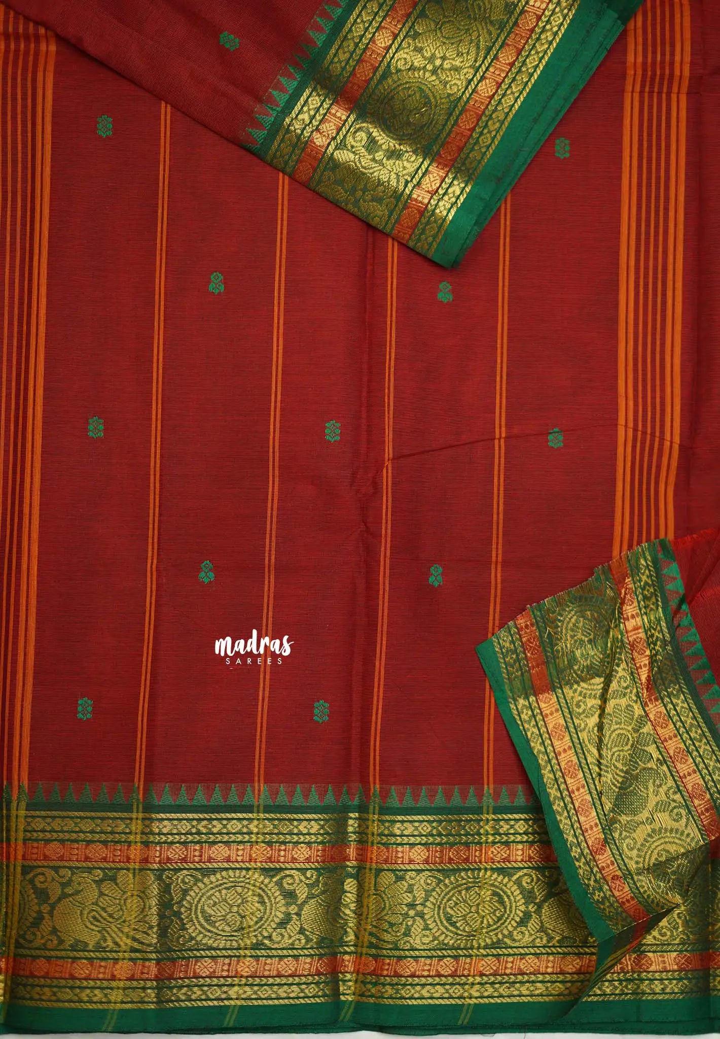 Karthigai silk cotton multi color temple sculpture border - Dard red - Madras Sarees 