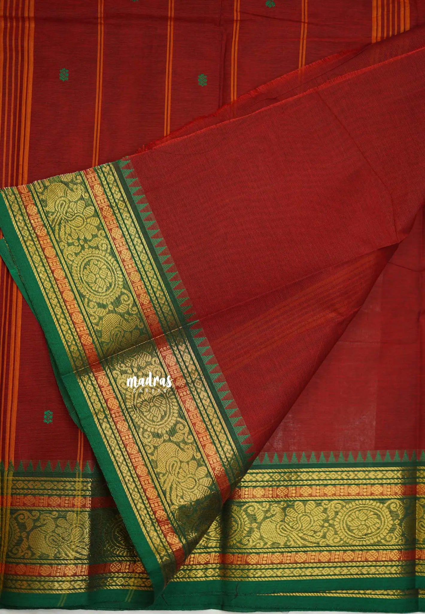 Karthigai silk cotton multi color temple sculpture border - Dard red - Madras Sarees 