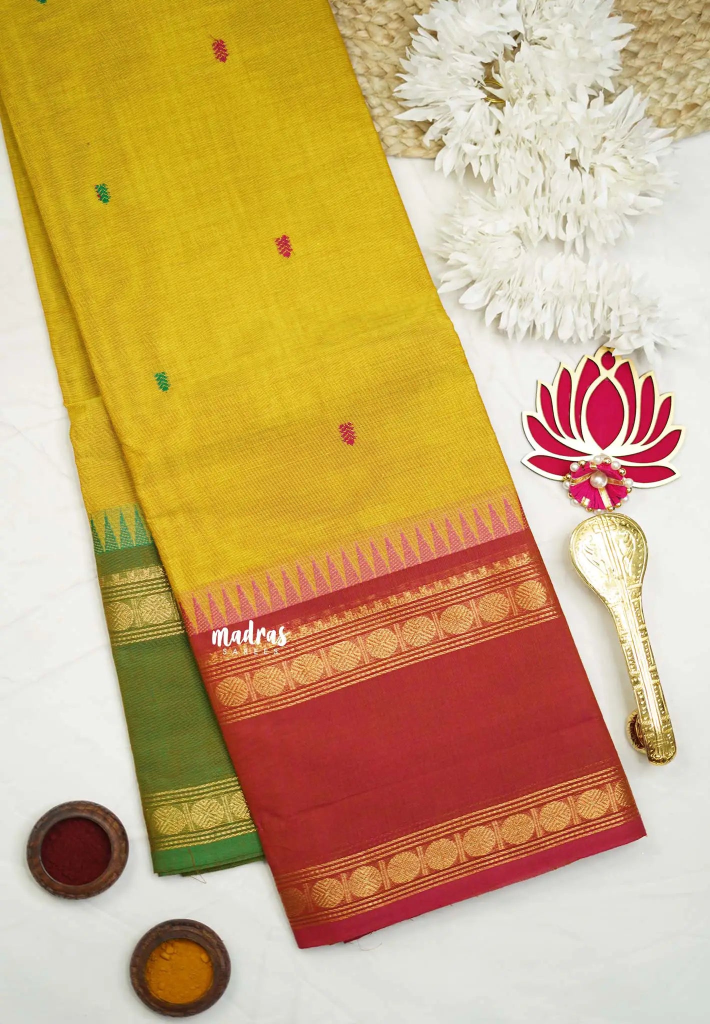 Karthigai silk cotton Rudhraksham Ganga Jamuna border  - Lemon yellowish green - Madras Sarees 