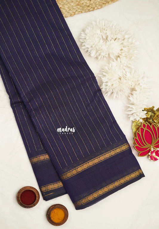 Karthigai silk cotton rettapet border stripes body Navy blue