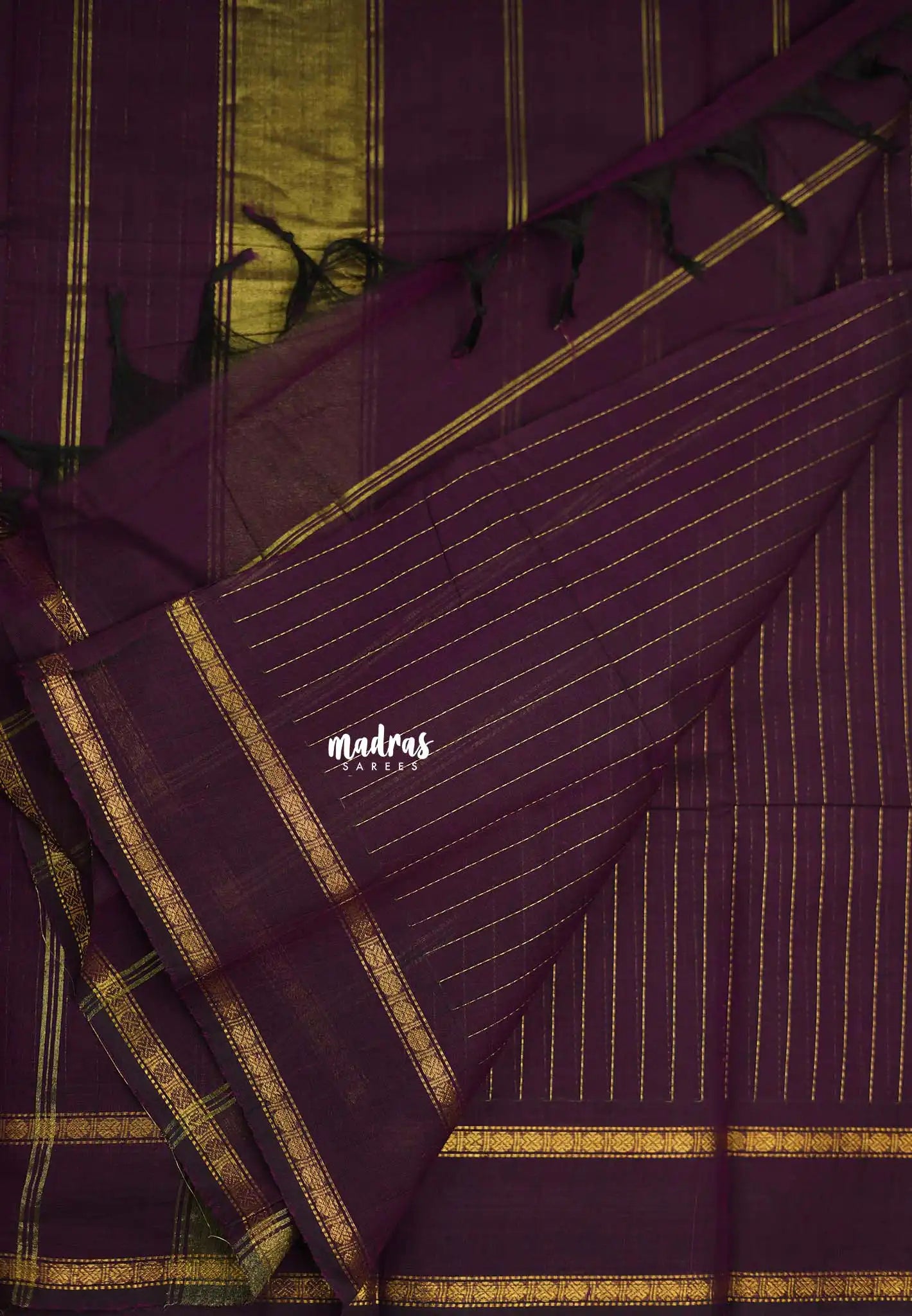 Karthigai silk cotton rettapet border stripes body jamun - Madras Sarees 