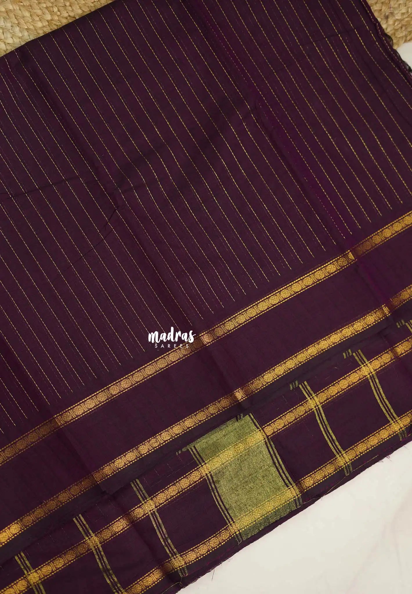 Karthigai silk cotton rettapet border stripes body jamun - Madras Sarees 