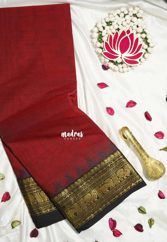 Reddish Maroon - Karthigai silk cotton Yazhi and Peacock Border - Best for Temple Visit