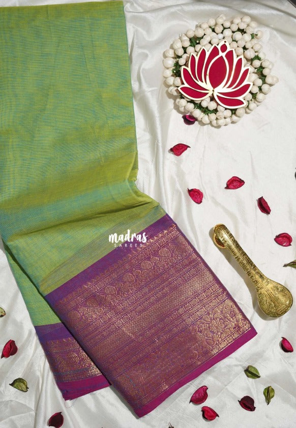Mint Green - Karthigai silk cotton Plain Saree with Annam, Rudraksham and Yaanai Border - Best for Small Functions